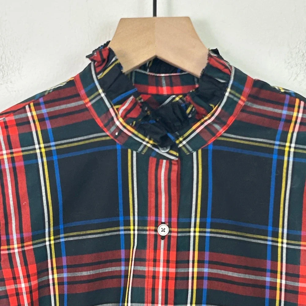 NWT J.Crew Classic Fit Ruffle Popover Black Stewart‎ Tartan Plaid Womens Small